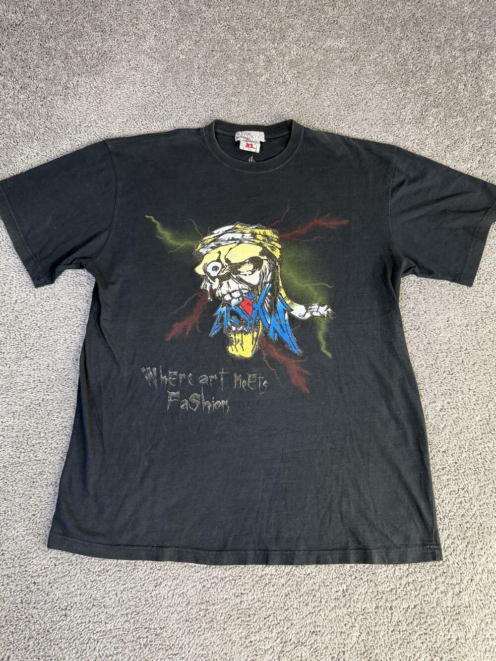 Vintage Miskeen Shirt Mens XL Black Skull Where Art Meets Fashion Short Sleeve
